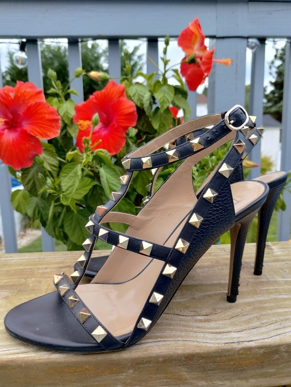 Valentino Garavani Black Leather Rockstud T-Strap Heels with Gold Studs 6